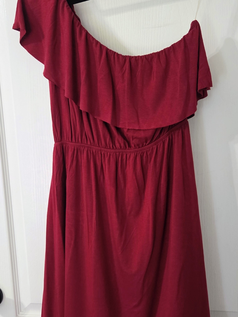 Off-Shoulder Ruffle Mini Dress in Wine Red